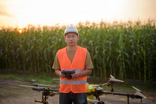 Surveying drone hovering over a construction site